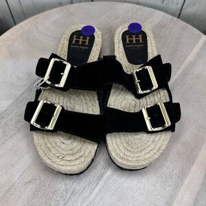 Black Suede Double Buckle Espadrille Slide Sandals Womens 8.